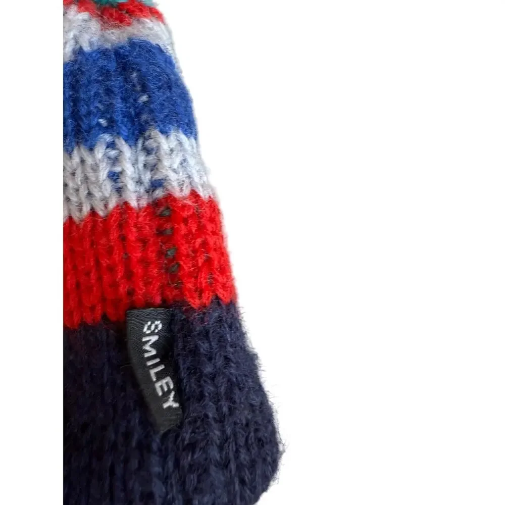 Vintage 80s Smiley Wool Ski Beanie hat Blue Red